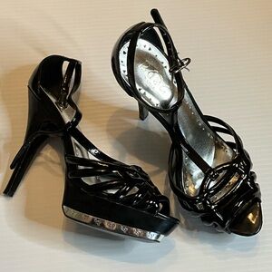 BCBG Paris Black Patent Strappy Platform Stiletto Sandals